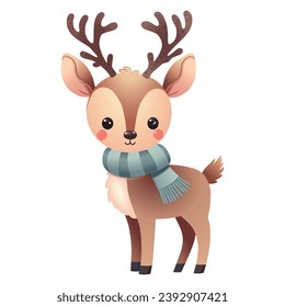 Cute reindeer in green scarf cartoon character vector illustration for winter holidays.