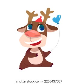 Cute Reindeer Greeting with Birthday in Hat with Heart Balloon Vector Illustration