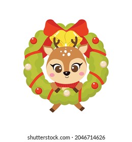 Cute reindeer hanging on Christmas wreath decoration. Flat vector cartoon design
