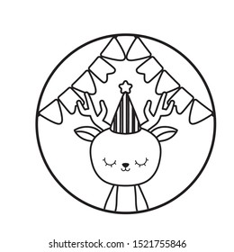 cute reindeer with hat party in frame circular vector illustration design
