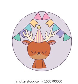 cute reindeer with hat party in frame circular vector illustration design