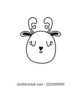 Cute reindeer head. The face of the deer doodle. Cartoon christmas deer