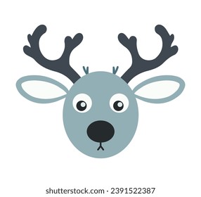 Cute Reindeer Head with Large Antlers. Christmas Deer Vector Illustration in Flat Cartoon Style