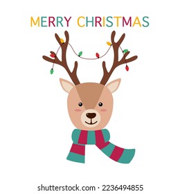 Cute reindeer head with scarf in flat design on white background. Merry Christmas celebration.