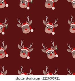 Cute reindeer heads seamless pattern. Red nosed deer cartoon character wearing a Santa Claus hat. Christmas background. Vector illustration.