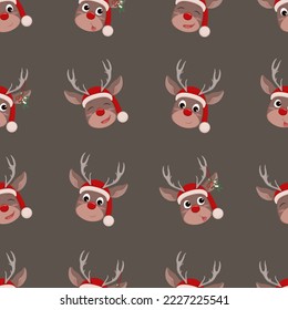 Cute reindeer heads seamless pattern. Red nosed deer cartoon character wearing a Santa Claus hat. Christmas background. Vector illustration.