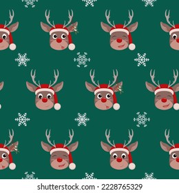 Cute reindeer heads seamless pattern. Red nosed deer cartoon character wearing a Santa Claus hat. Christmas background. Vector illustration.