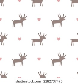 Cute reindeer and hearts seamless pattern. Stylized deer character Christmas background. Vector illustration.