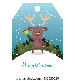 Cute reindeer holding a bell on snowy background tag