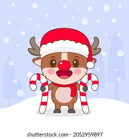 Cute reindeer holding big Christmas candy cartoon character.