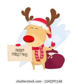 Cute reindeer holding Christmas greeting card. Christmas design element. For greeting cards, leaflets, brochures, invitations, posters or banners.