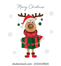 Cute reindeer holding gifts with Christmas balls and snow around