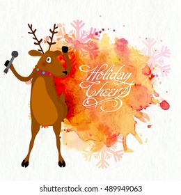 Cute Reindeer holding microphone on abstract background for Holiday Cheers or Merry Christmas celebration.