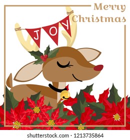 Cute reindeer with holly berries branch and Joy text on red flag on it's horns and Christmas flower branch with Merry Christmas text frame on white background. Winter holidays season cartoon character