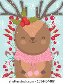 cute reindeer holly berry foliage snowflakes merry christmas cards vector illustration