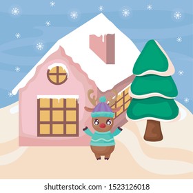 cute reindeer with house and christmas trees on winter landscape vector illustration design