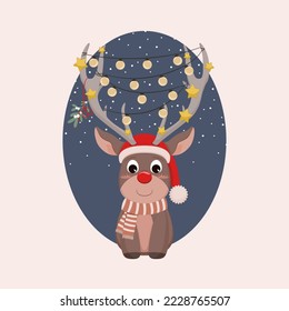 Cute reindeer isolated on white background. Christmas red nosed deer cartoon character wearing a Santa Claus hat and 
lights on his horns.