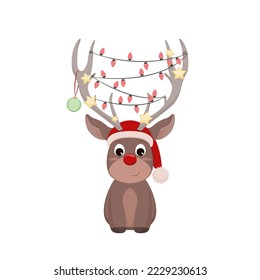 Cute reindeer isolated on white background. Christmas red nosed deer cartoon character wearing a Santa Claus hat and 
lights and baubles on his horns.