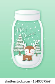 Cute reindeer in a jar,Merry christmas and happy new year greeting card,paper cut and craft style