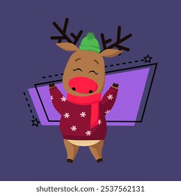 Cute reindeer in knitted sweater with snowflakes. Warm clothing, happy, joy. Fun concept. Can be used for topics like knitwear, winter, character