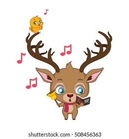 Cute reindeer and little bird singing Christmas carols