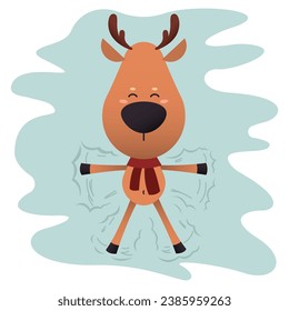Cute reindeer making snow angel on white background. Christmas c
