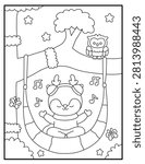 Cute Reindeer Meditating in Forest Hammock with Owl - Kids Coloring Book Page