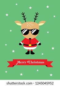 cute reindeer merry christmas greeting. cute deer santa claus happy new year greeting card.