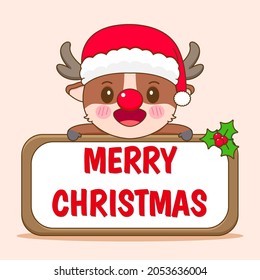 Cute reindeer with merry christmas greeting cartoon character.