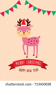 cute reindeer merry christmas greeting card vector