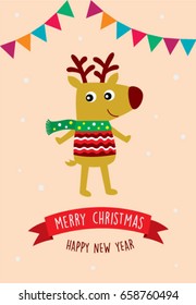 cute reindeer merry christmas and happy new year greeting