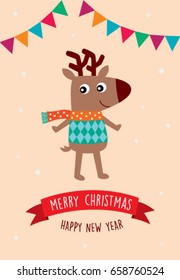cute reindeer merry christmas and happy new year greeting