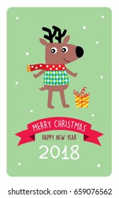 cute reindeer merry christmas and happy new year greeting