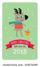 cute reindeer merry christmas and happy new year greeting