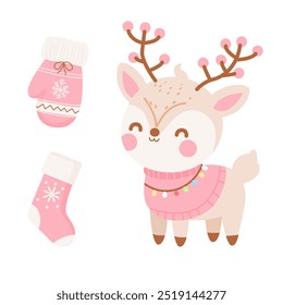 Rena bonito com luvas e meias de Natal