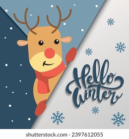 Rindeo lindo en un cartel artístico de papel de invierno de saludo ilustración vectorial