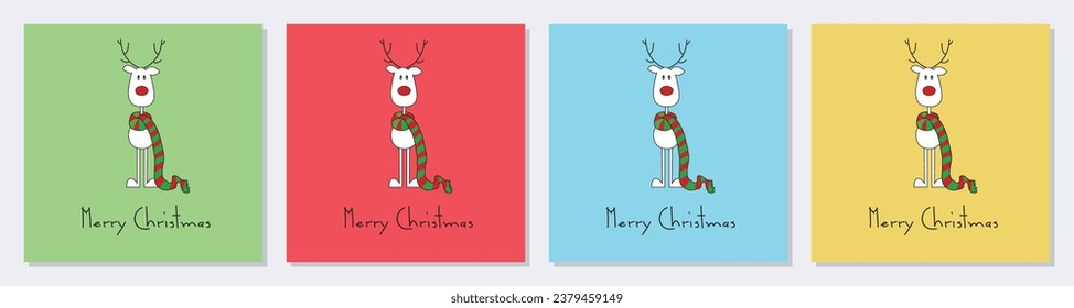 Cute reindeer on a red, green, blue, yellow background. Christmas background, banner, or card collection.