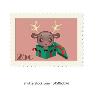 Cute reindeer in opened gift box stamp