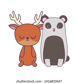 cute reindeer with panda bear animals isolated icon