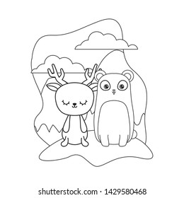 cute reindeer with panda bear animals in landscape