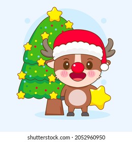 Cute reindeer with pine tree holding christmas star cartoon character.