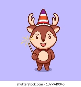 Cute Reindeer Playing Fireworks Mascot Cartoon Vector Illustration. 