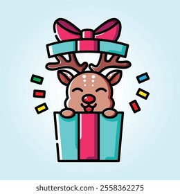 A cute reindeer pops out of a Christmas gift box, spreading holiday cheer. Festive and joyful illustration.