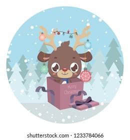 Cute reindeer in present box