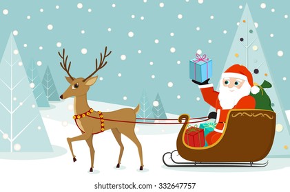 Cute reindeer pulling Santa Claus in sleigh in a beautiful winter landscape in flat design in vector