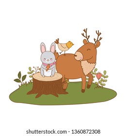 cute reindeer and rabbit in the field woodland characters