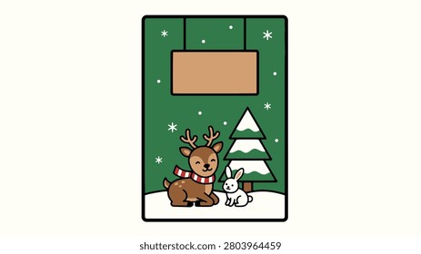 Cute reindeer rabbit and snowy tree festive winter illustration