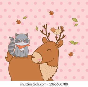 cute reindeer and raccoon in the field woodland character