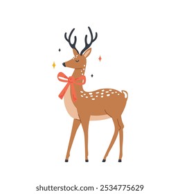 Cute Reindeer with Red Christmas Bow, Animal Illustration in Flat Style