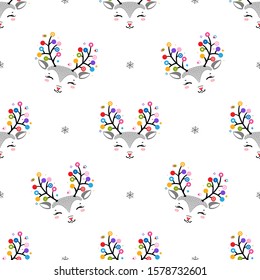 Cute Reindeer and Red Nose   Christmas Lights Antlers   Snowflakes Background  Vector Seamless Pattern and Cartoon Doodle Deers   Snow  Christmas New Year Holiday Wallpaper